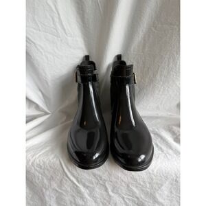 Gioseppo Black Glossy Rubber Ankle Rain Boots Gold Buckle Womens 36